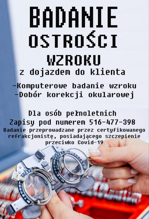 Plakat informujący o badaniach ostrości wzroku z dojazdem do klienta